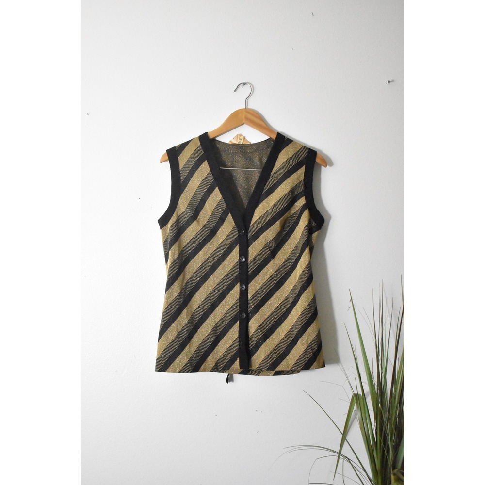 Leona Button Front Vest Women LGold Black 70s Metallic Stripe Finnish Design - Picture 5 of 8